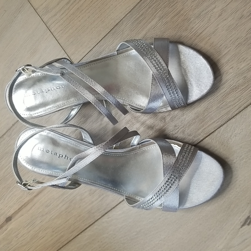 Metaphor Women's silver metalic straps heels with rhinestone detail
